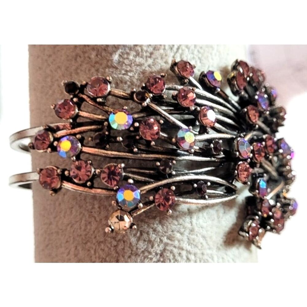 Rhinestone Clamper Bracelet Purple Pink AB Silvertone Metal Boho Fairy Cottage - Picture 9 of 12